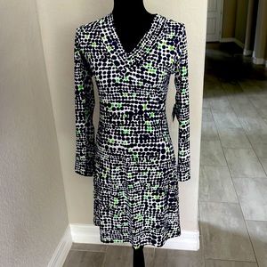 IBKUL long sleeve dress, white background with blue and green polkadots, Size XS